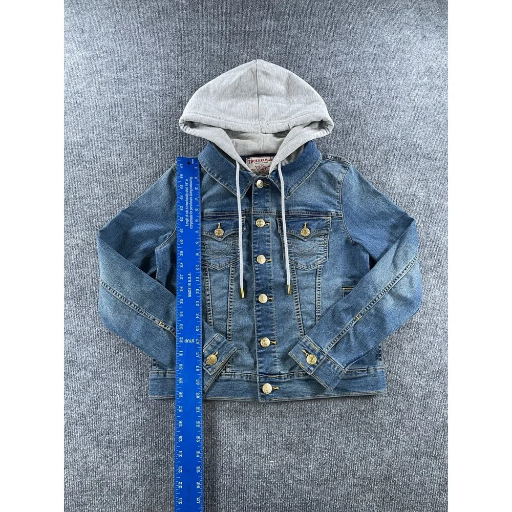 True Religion Mens Medium Blue Denim Hooded Trucker Jacket Jersey Hood Wash